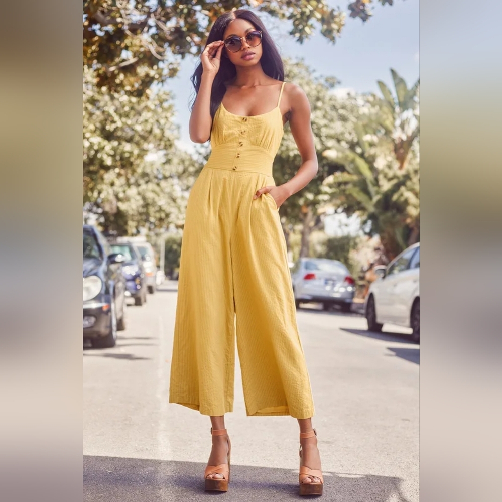 Lulus Coastal Air Mustard Yellow Striped Tie-Back Culotte Jumpsuit